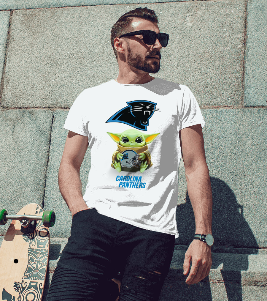 Baby Yoda Holding Carolina Panthers Helmet T-Shirt