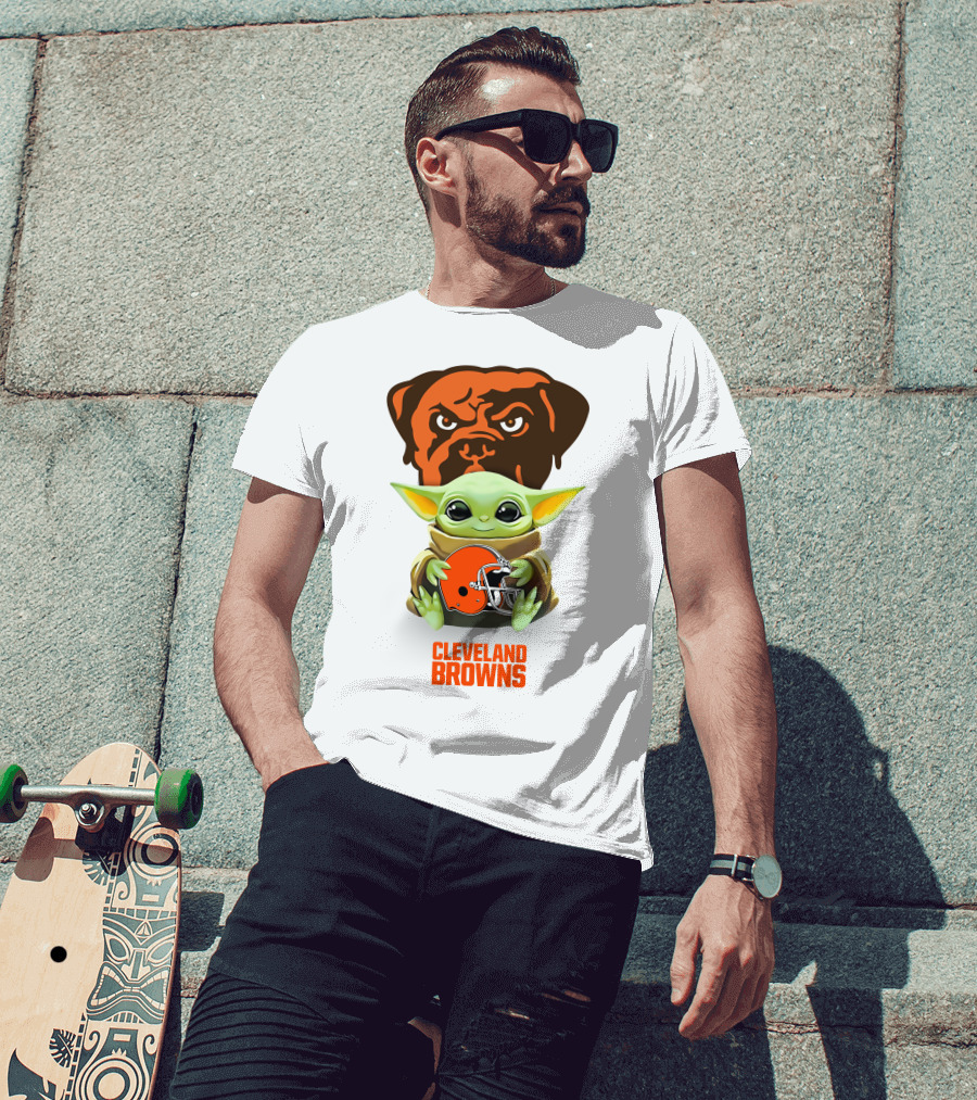Baby Yoda Holding Cleveland Browns Helmet With Dog T-Shirt