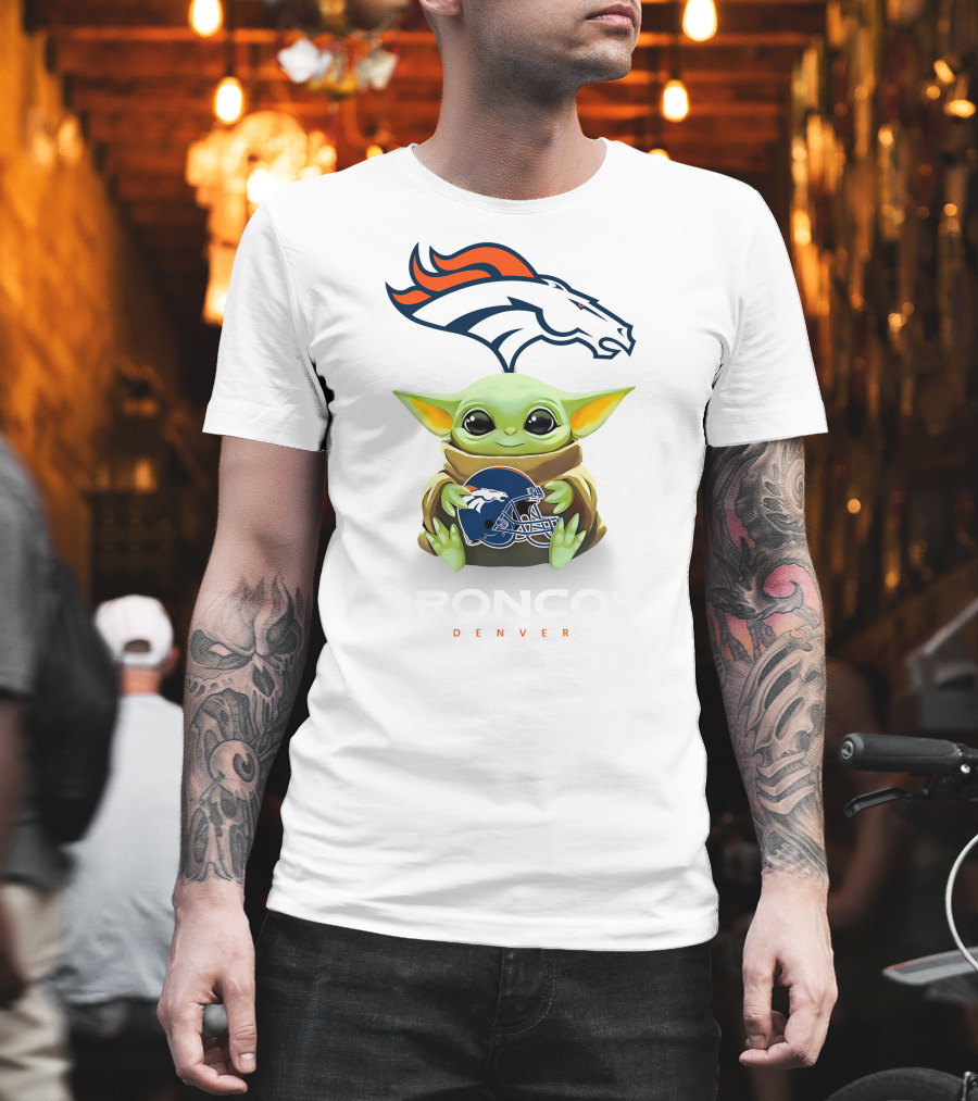 Baby Yoda Holding Denver Broncos Helmet With Broncos T-Shirt