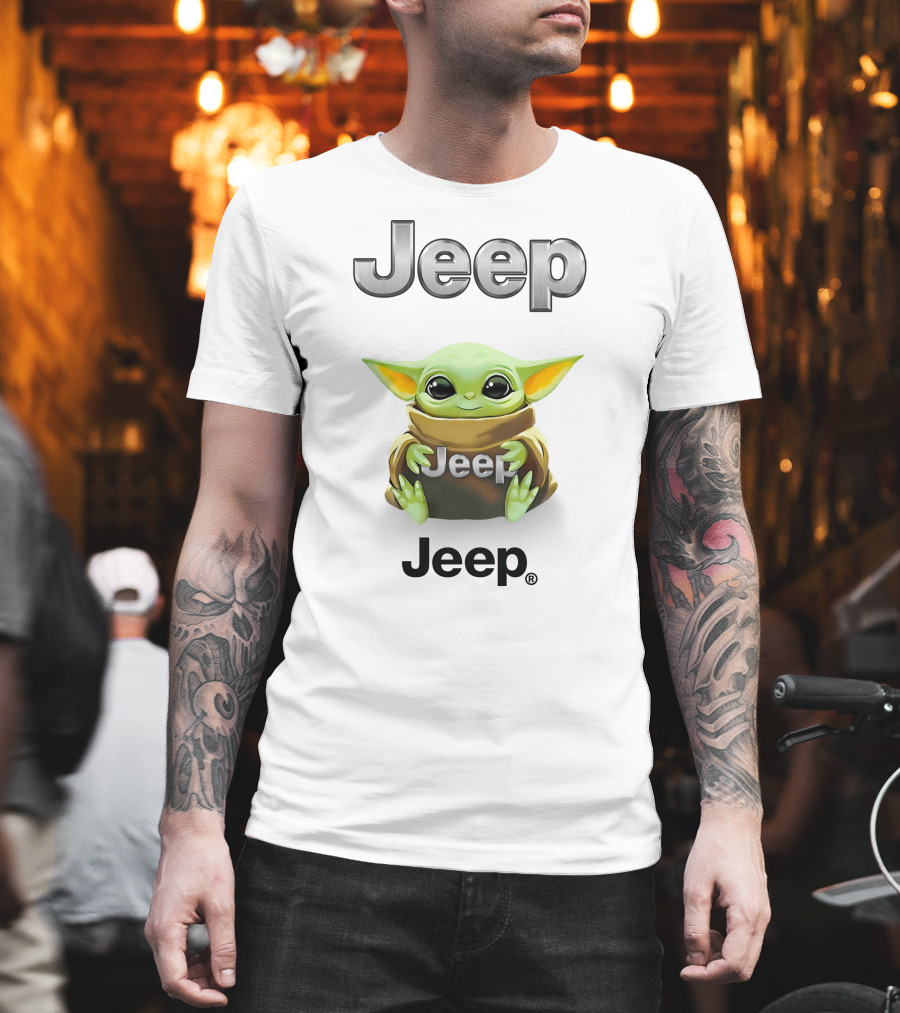 Jeep Baby Yoda Hugging Brand Logo White T-Shirt