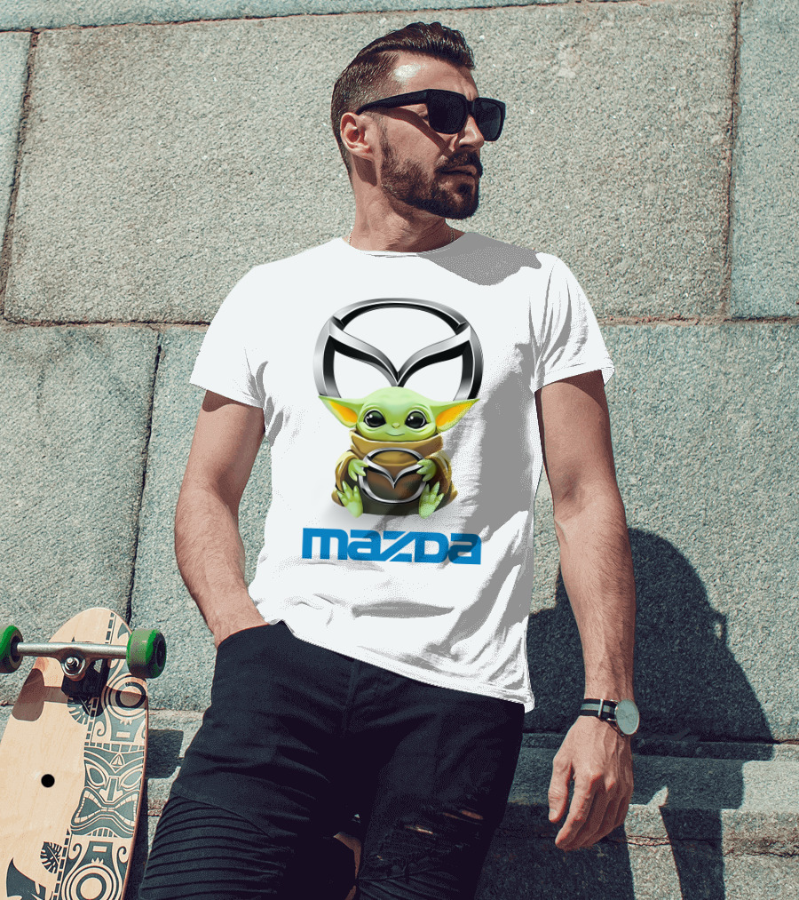 Baby Yoda Hug Mazda Logo White T-Shirt