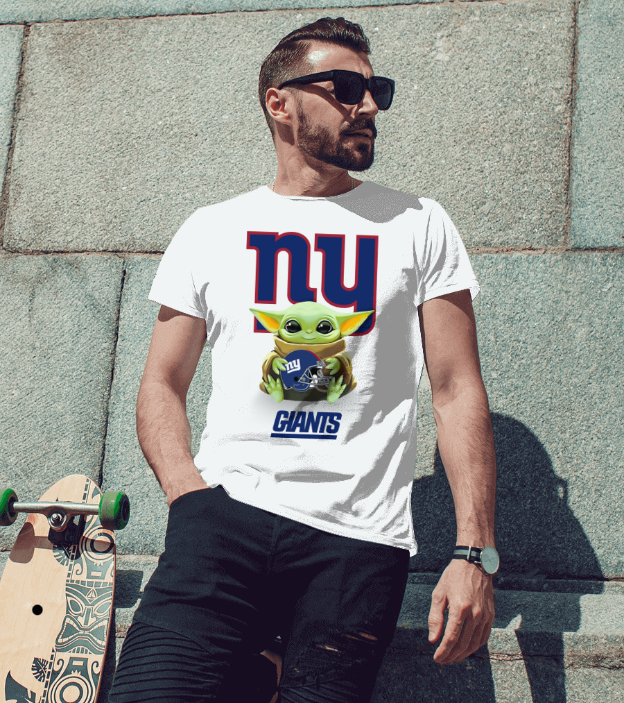 Baby Yoda Holding New York Giants Helmet Under Team T-Shirt