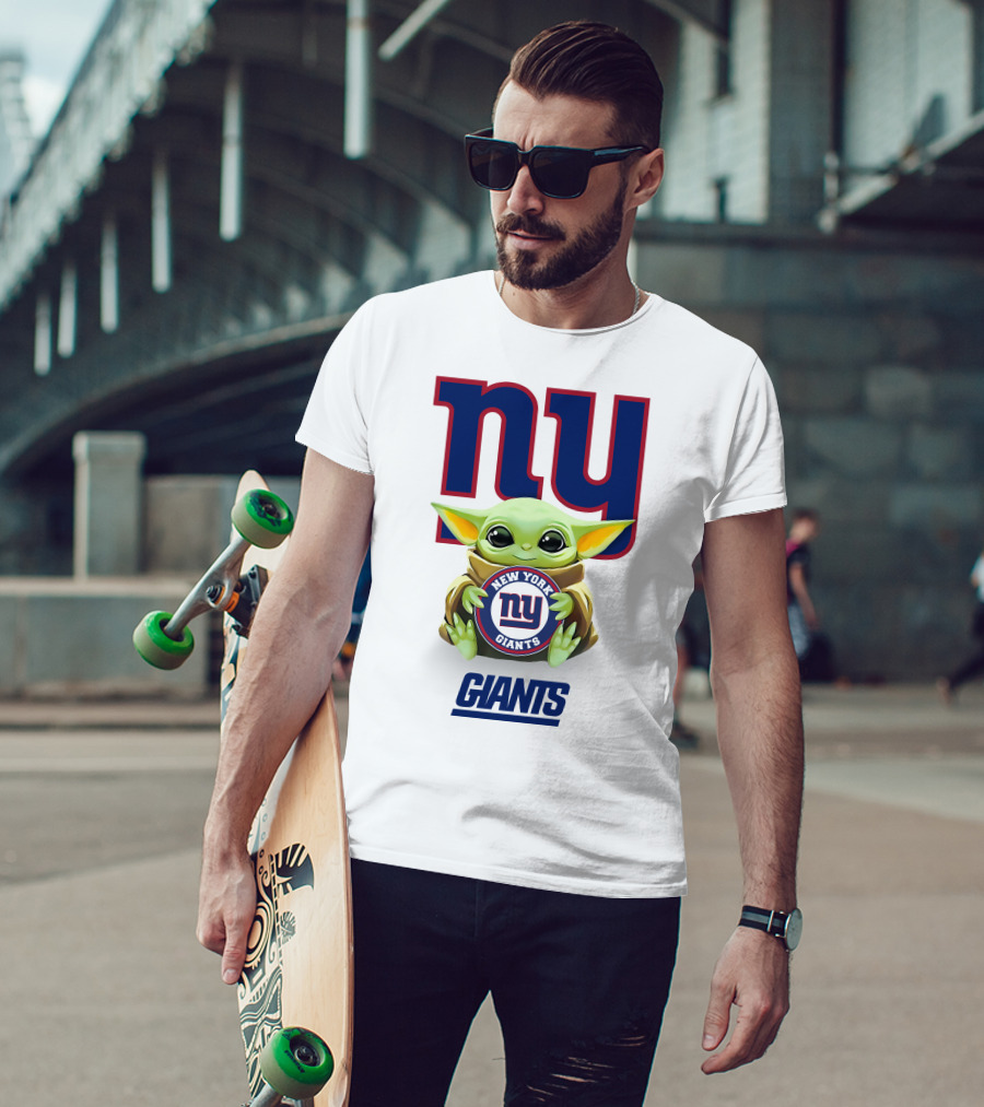 Baby Yoda Hug New York Giants NY Giants Star Wars Collaboration White T-Shirt