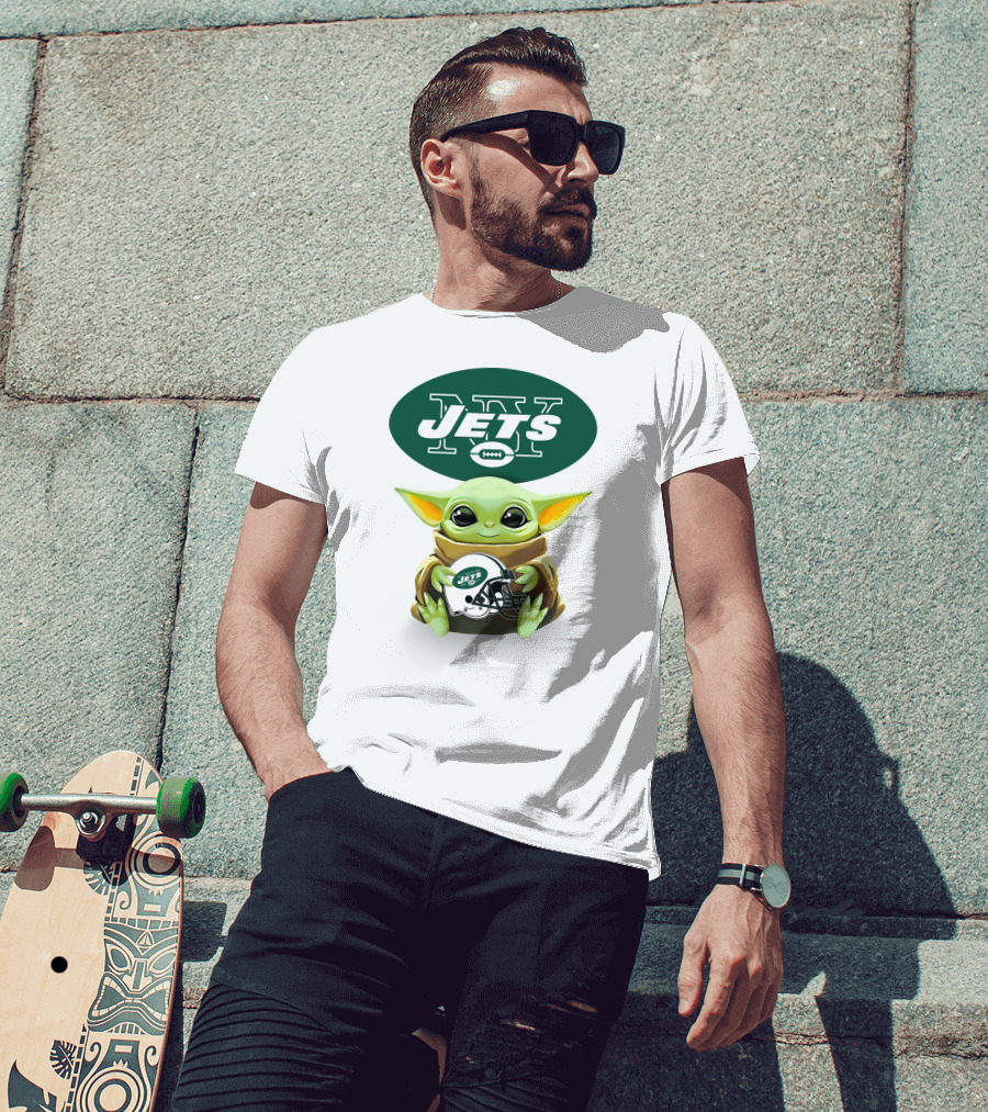 Baby Yoda Holding New York Jets Football Helmet T-Shirt