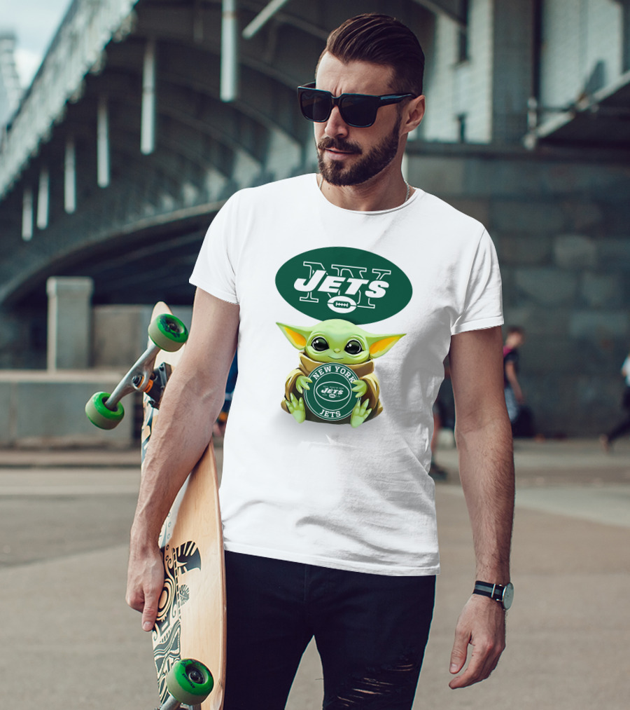 Baby Yoda Holding New York Jets Football T-Shirt