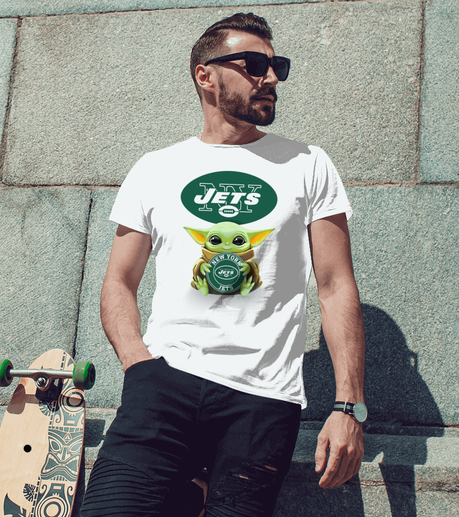 Baby Yoda Holding New York Jets Football T-Shirt