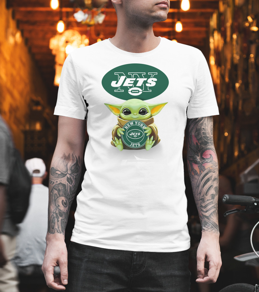 Baby Yoda Holding New York Jets Football T-Shirt