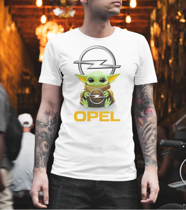 Baby Yoda Hugging Opel Logo with Text OPEL in White T-Shirt Baby Yoda Hugging Opel Logo with Text OPEL in White T-Shirt