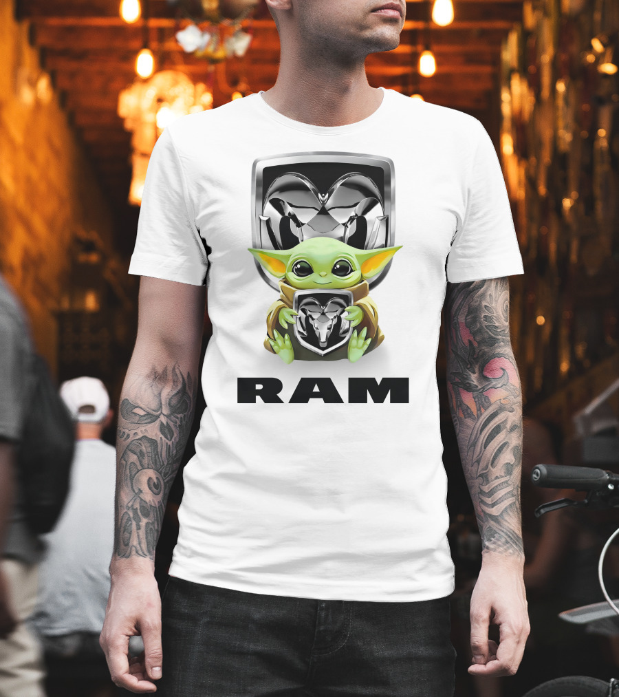 Baby Yoda Holding Ram Logo with Large Ram Text T-Shirt