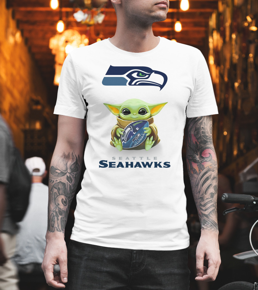 Baby Yoda Hug Seattle Seahawks Football Fan Gear T-Shirt