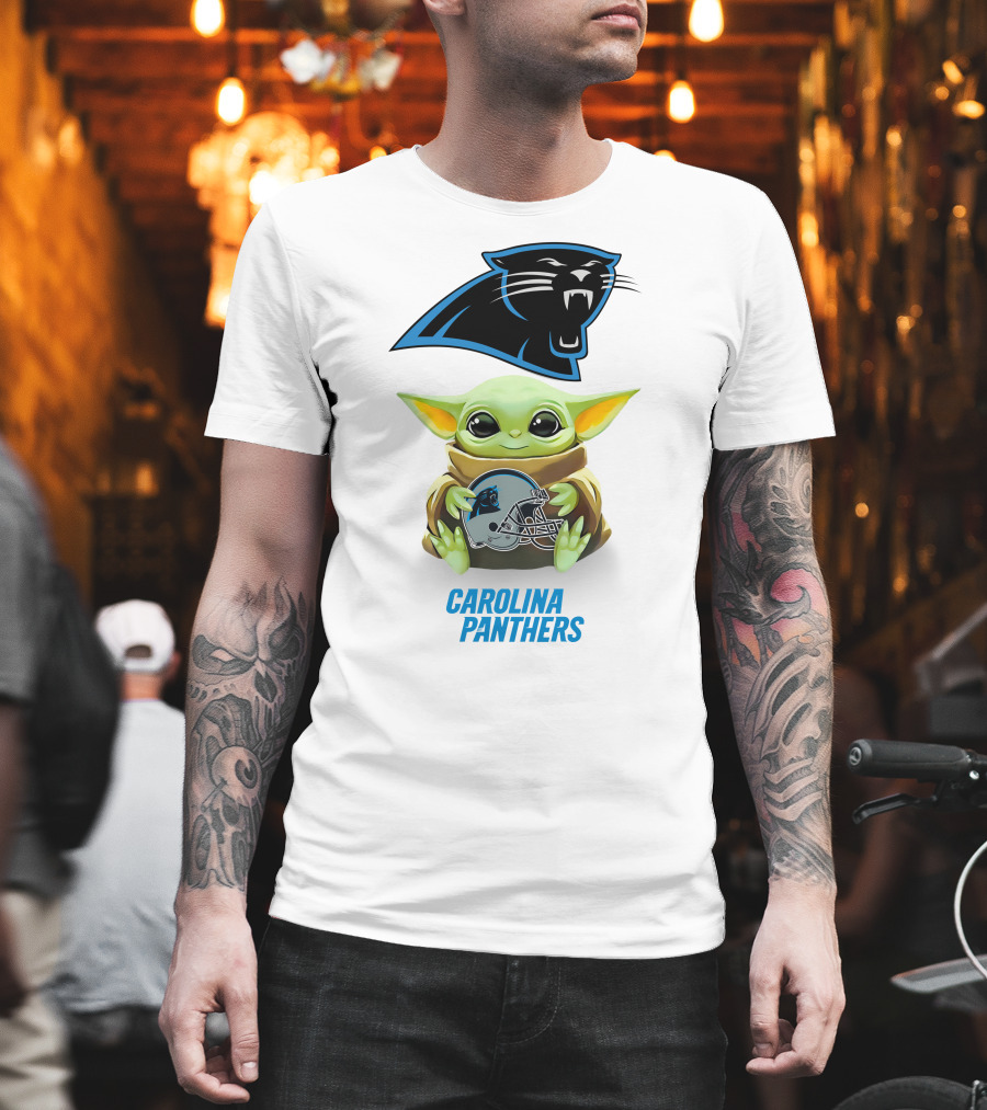 Star Wars Baby Yoda Holding Carolina Panthers Helmet T-Shirt