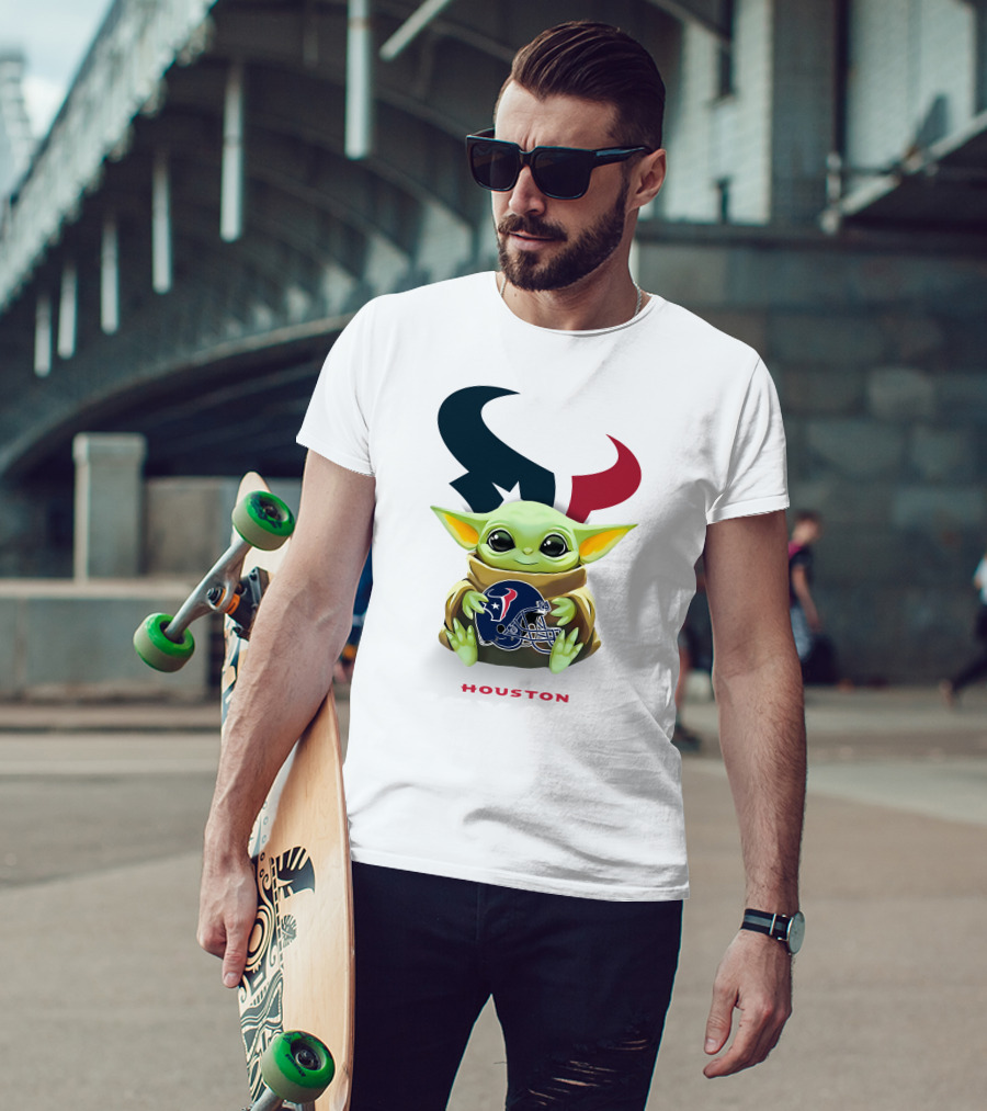 Star Wars Baby Yoda Holding Houston Texans Helmet With Logo On White T-Shirt