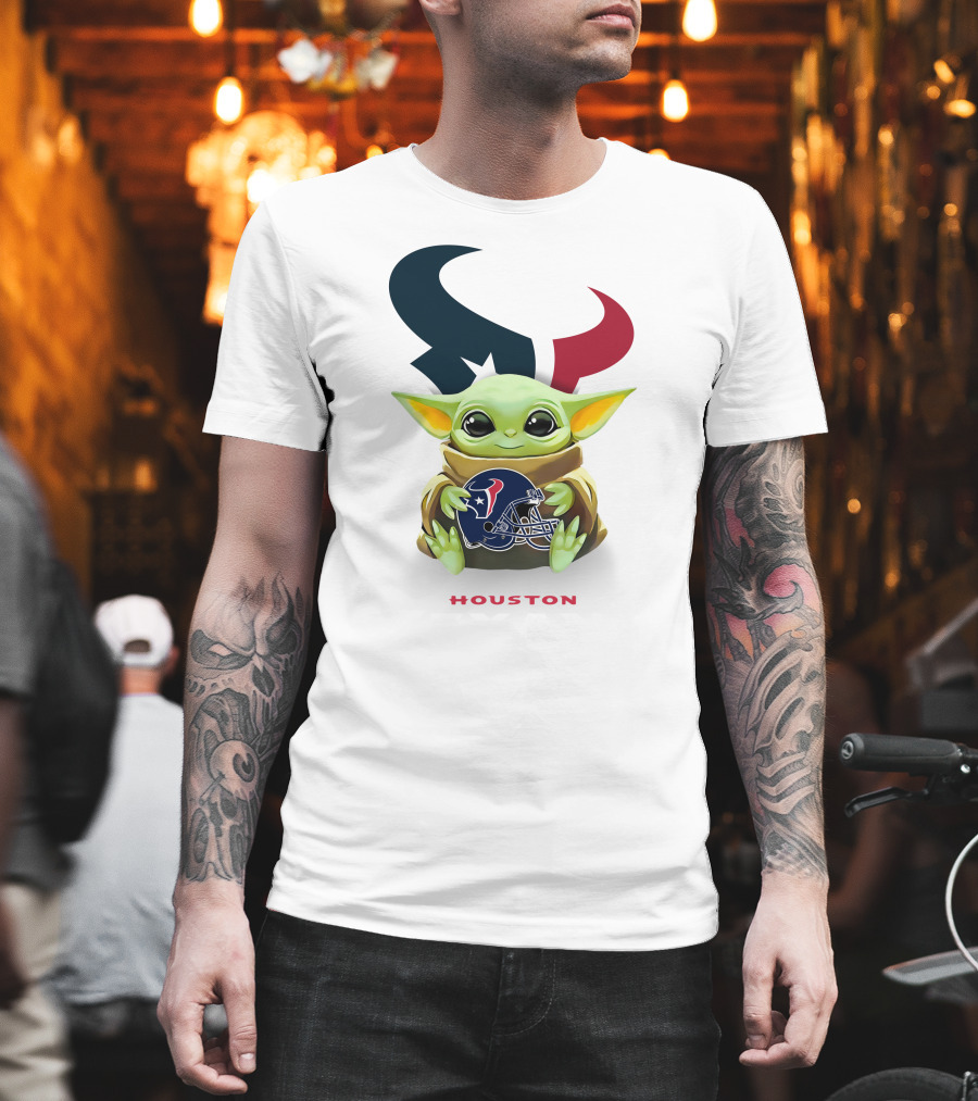 Star Wars Baby Yoda Holding Houston Texans Helmet with Logo on White T-Shirt