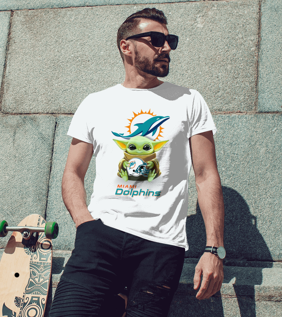 Star Wars Baby Yoda Miami Dolphins Helmet Hug White T-Shirt