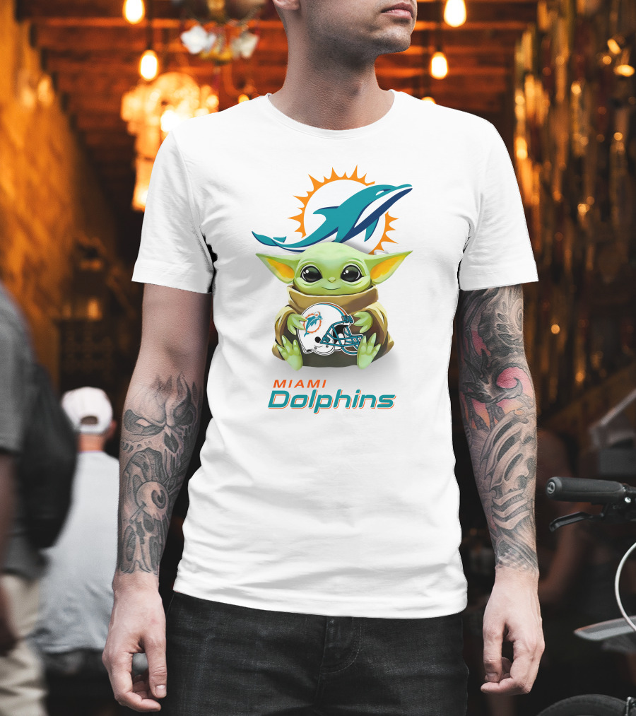 Star Wars Baby Yoda Miami Dolphins Helmet Hug White T-Shirt