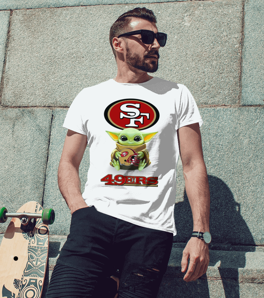 Star Wars Baby Yoda Holding San Francisco 49ers Helmet Logo SF 49ers T-Shirt