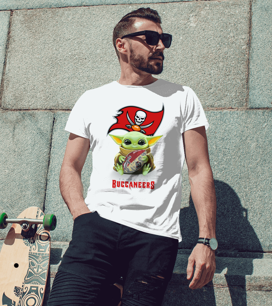 Star Wars Baby Yoda Holding Tampa Bay Buccaneers Football T-Shirt