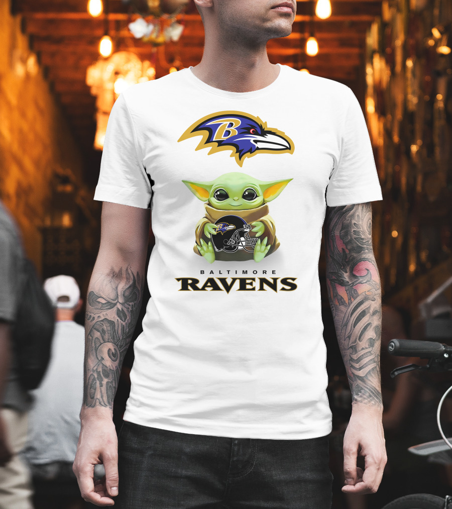 Baltimore Ravens Grogu Holding Ravens Helmet with Team T-Shirt