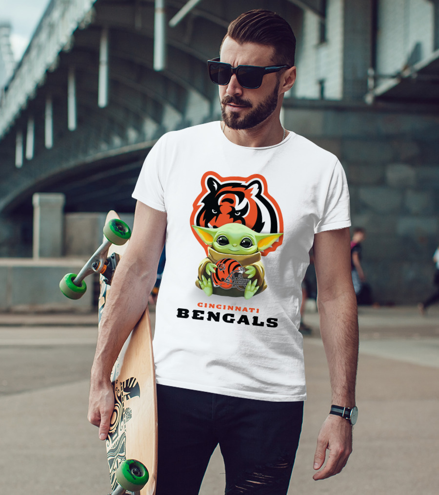 Cincinnati Bengals Grogu Hugging Bengals Helmet With Team T-Shirt