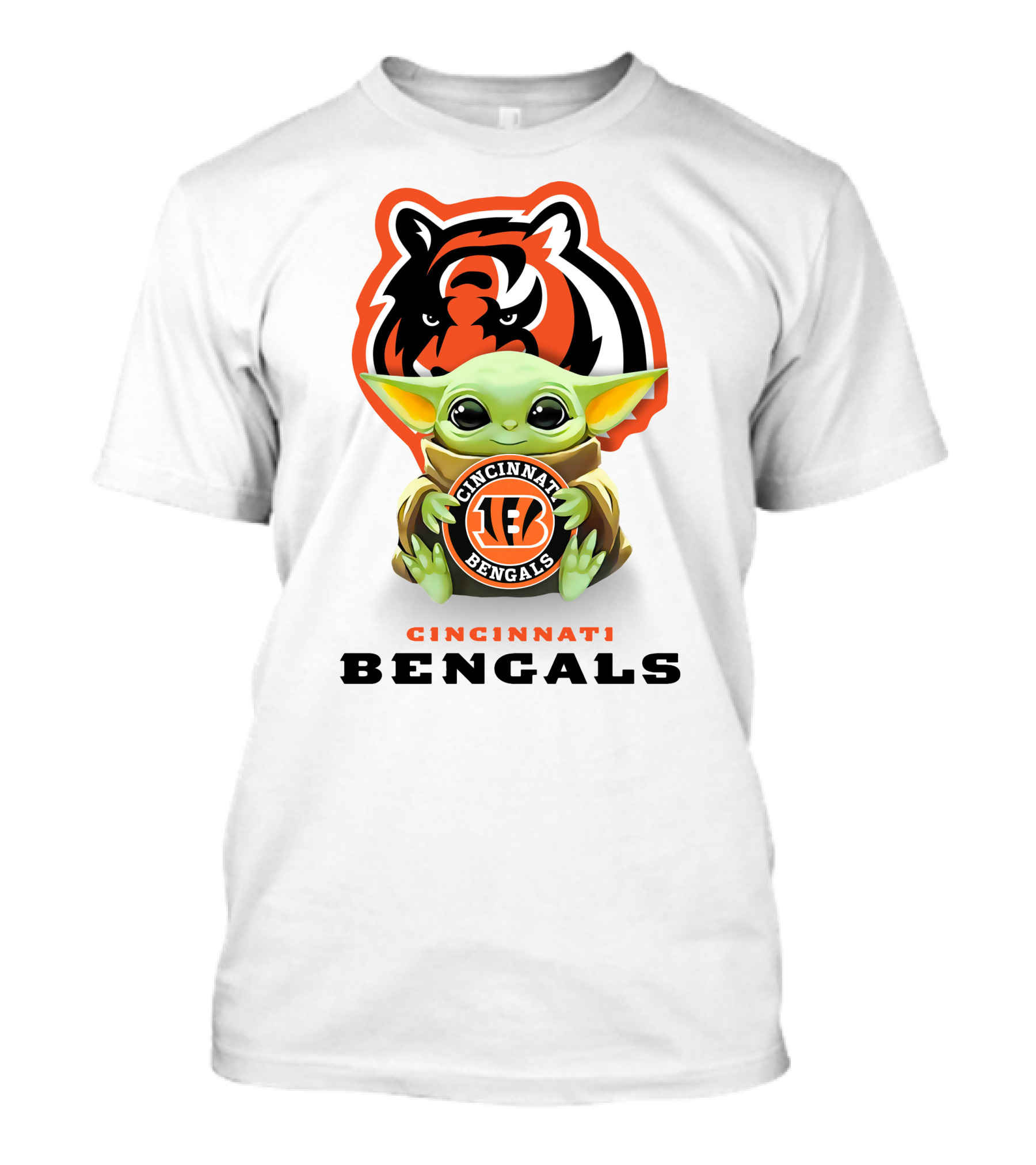 Grogu Holding Cincinnati Bengals Logo With Tiger Background T-Shirt