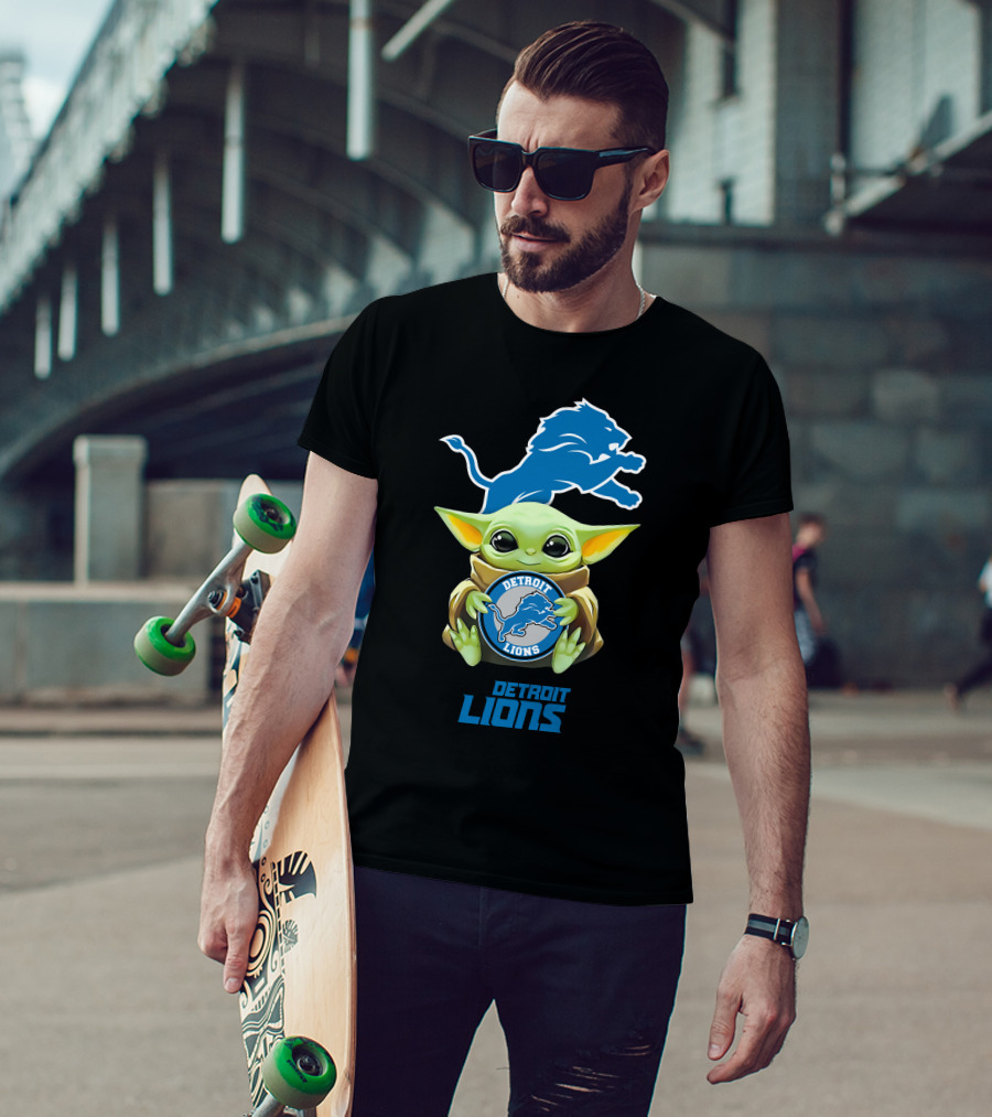 Grogu Holding Detroit Lions Emblem T-Shirt