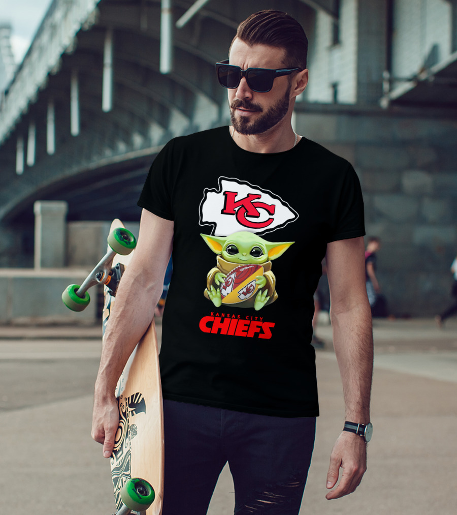 Grogu Holding Football Kansas City Chiefs KC T-Shirt
