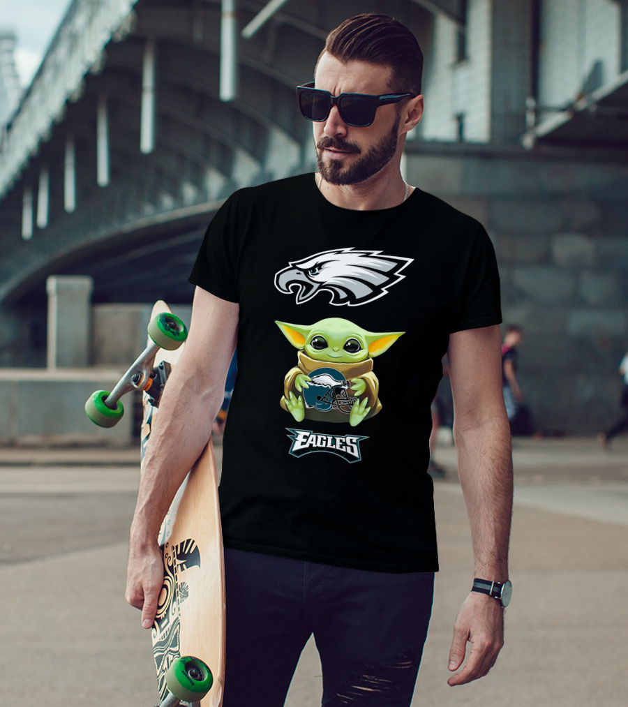 Grogu Holding Philadelphia Eagles Helmet With Eagles T-Shirt