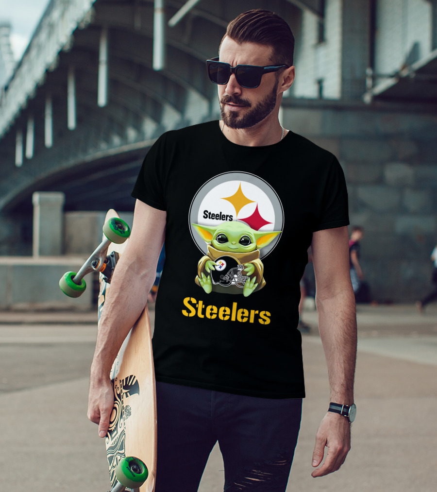 Grogu Holding Pittsburgh Steelers Helmet With Team T-Shirt