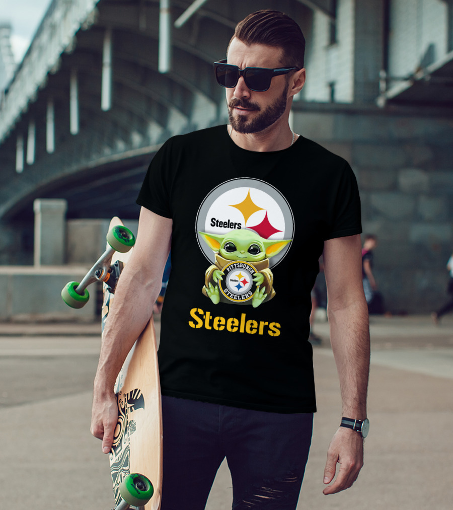 Grogu Holding Pittsburgh Steelers Emblem With Steelers Text T-Shirt