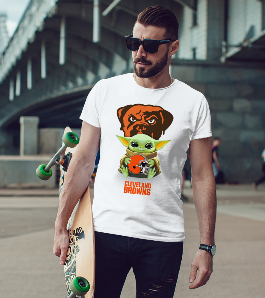 Grogu Holding Cleveland Browns Helmet With Brown Dog T-Shirt