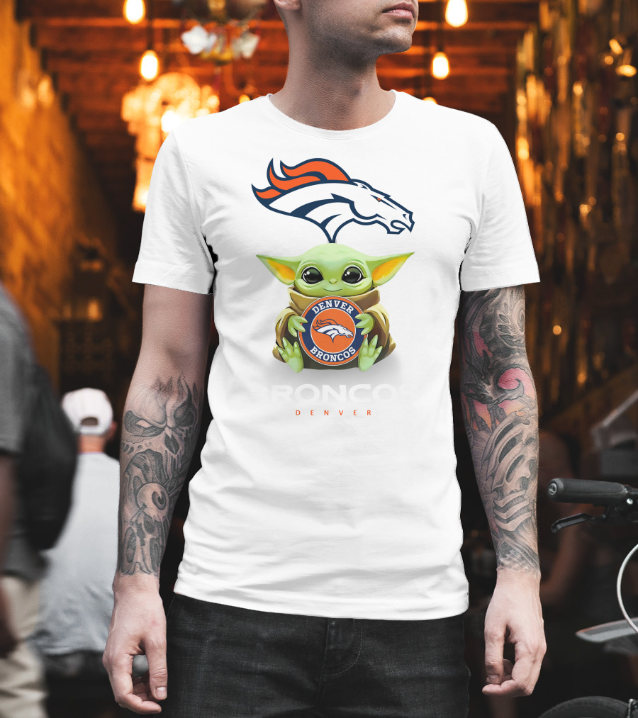 Grogu Hugging Denver Broncos Sign With Broncos Logo Above T-Shirt