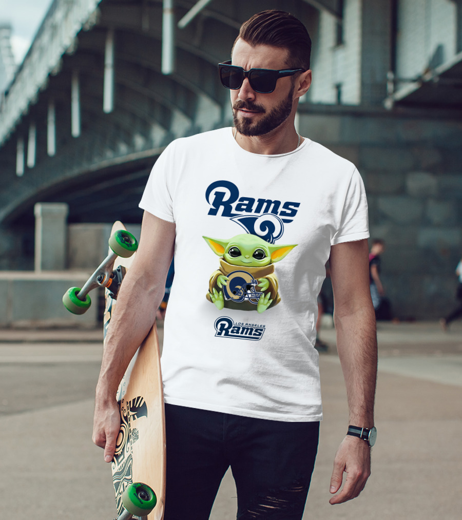Grogu Holding Los Angeles Rams Helmet With Rams T-Shirt