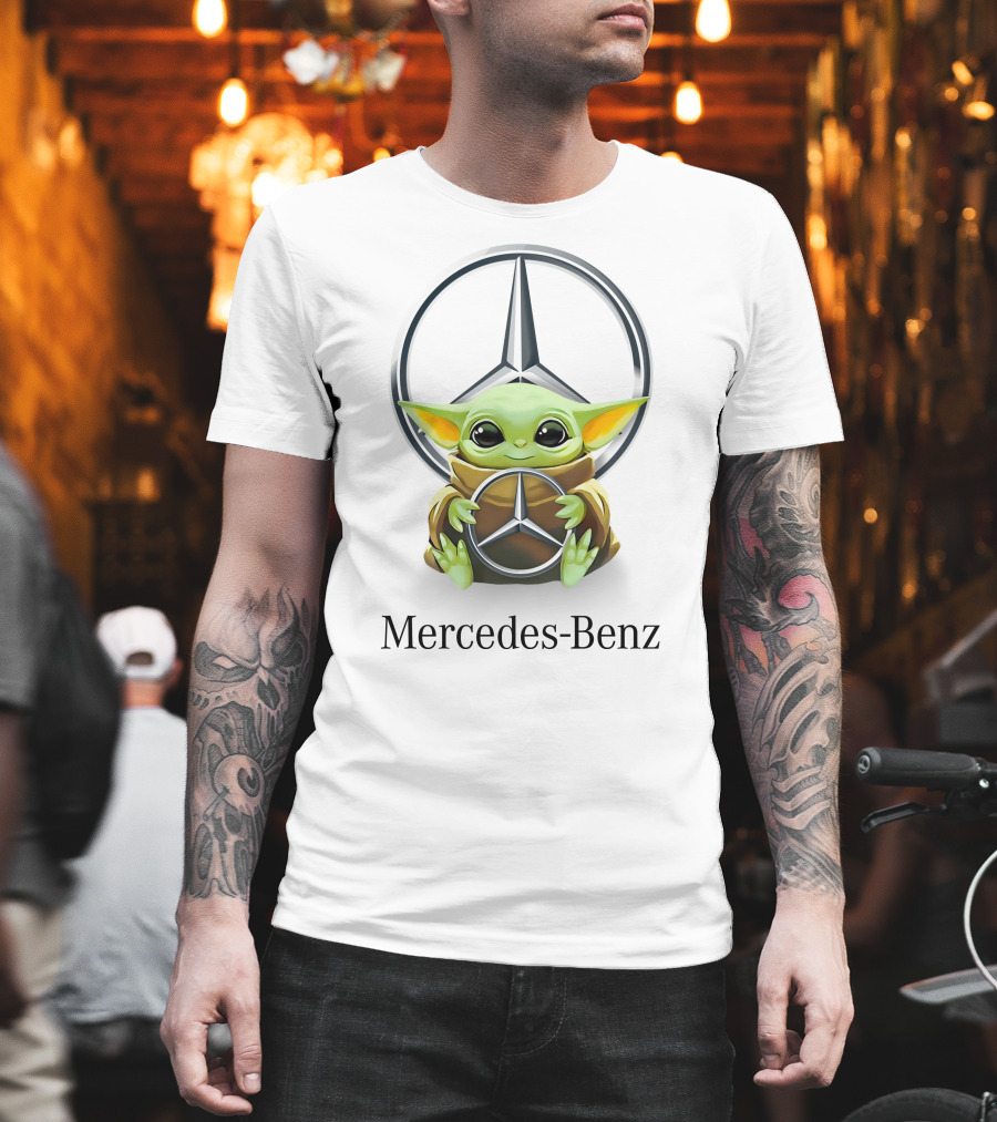 Grogu Holding Mercedes-Benz Logo In Front Of T-Shirt
