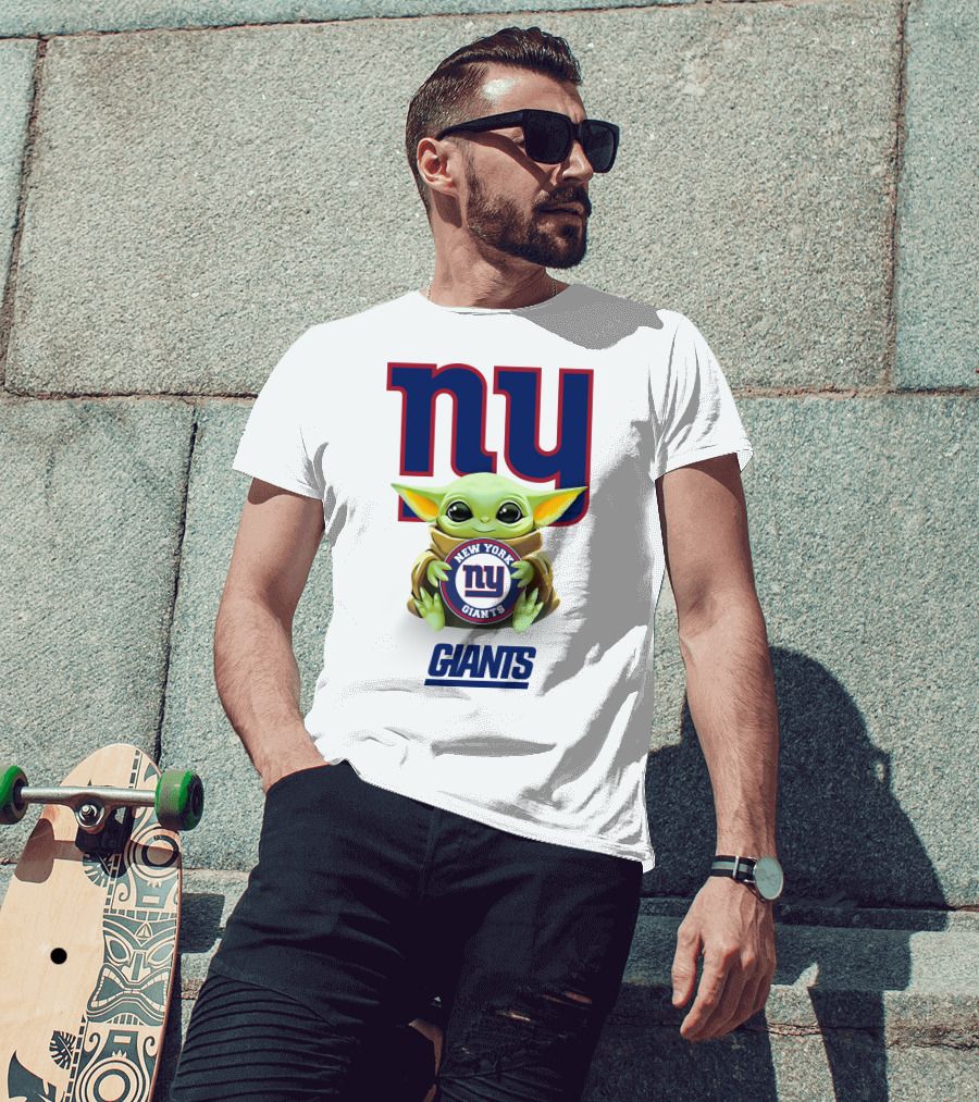 Grogu Holding New York Giants Logo With Giants Text In White T-Shirt
