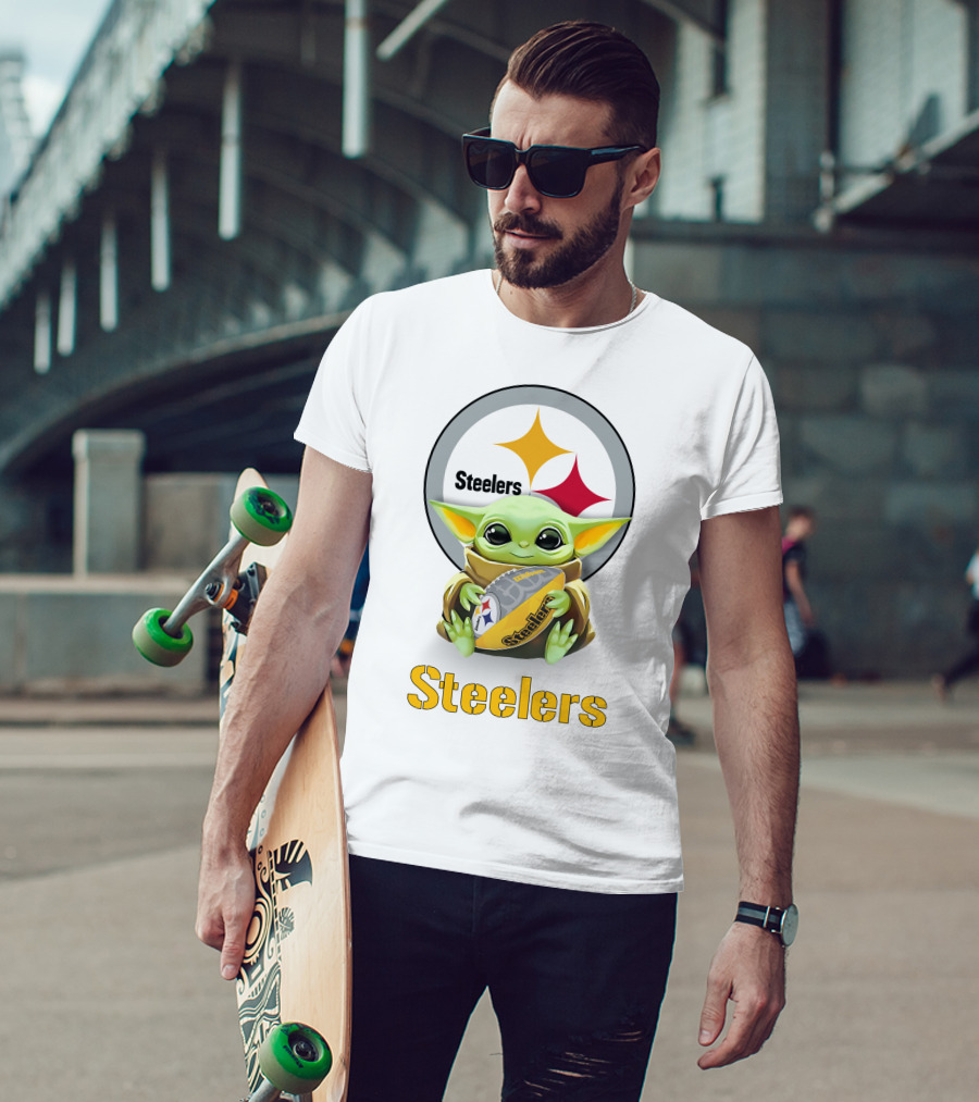 Grogu Hug Steelers Football Pittsburgh Steelers Tailgate White T-Shirt