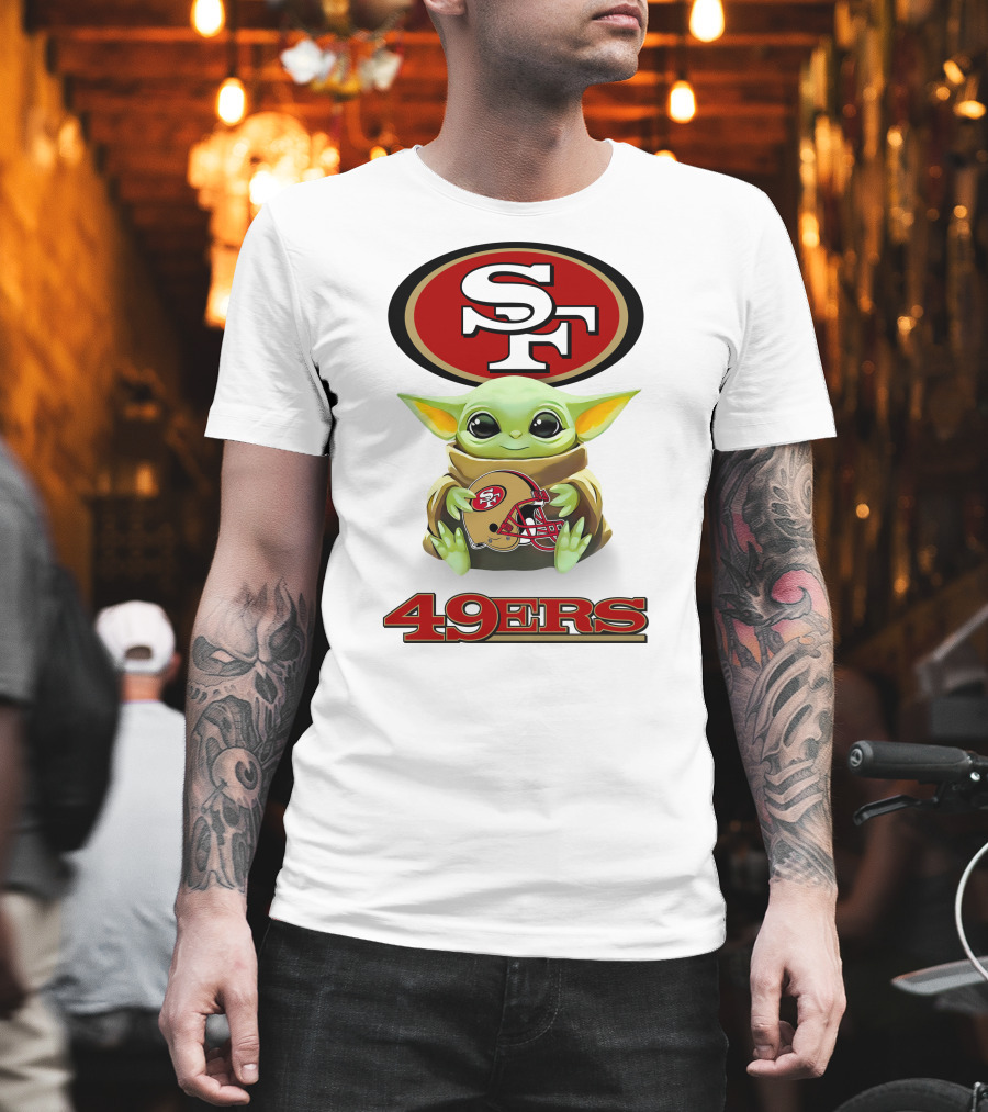 Grogu Hugging San Francisco 49ers SF Helmet Logo 49ers White T-Shirt