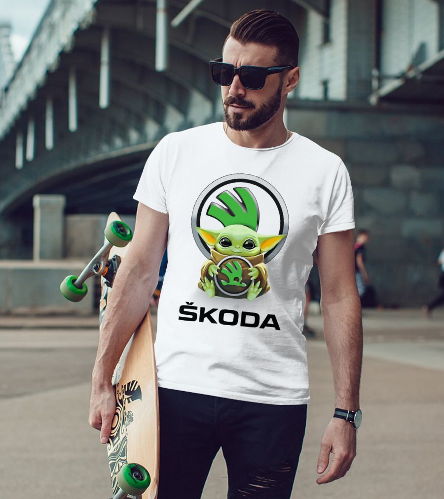 Grogu With Škoda Emblem Hugging Icon With White Background T-Shirt