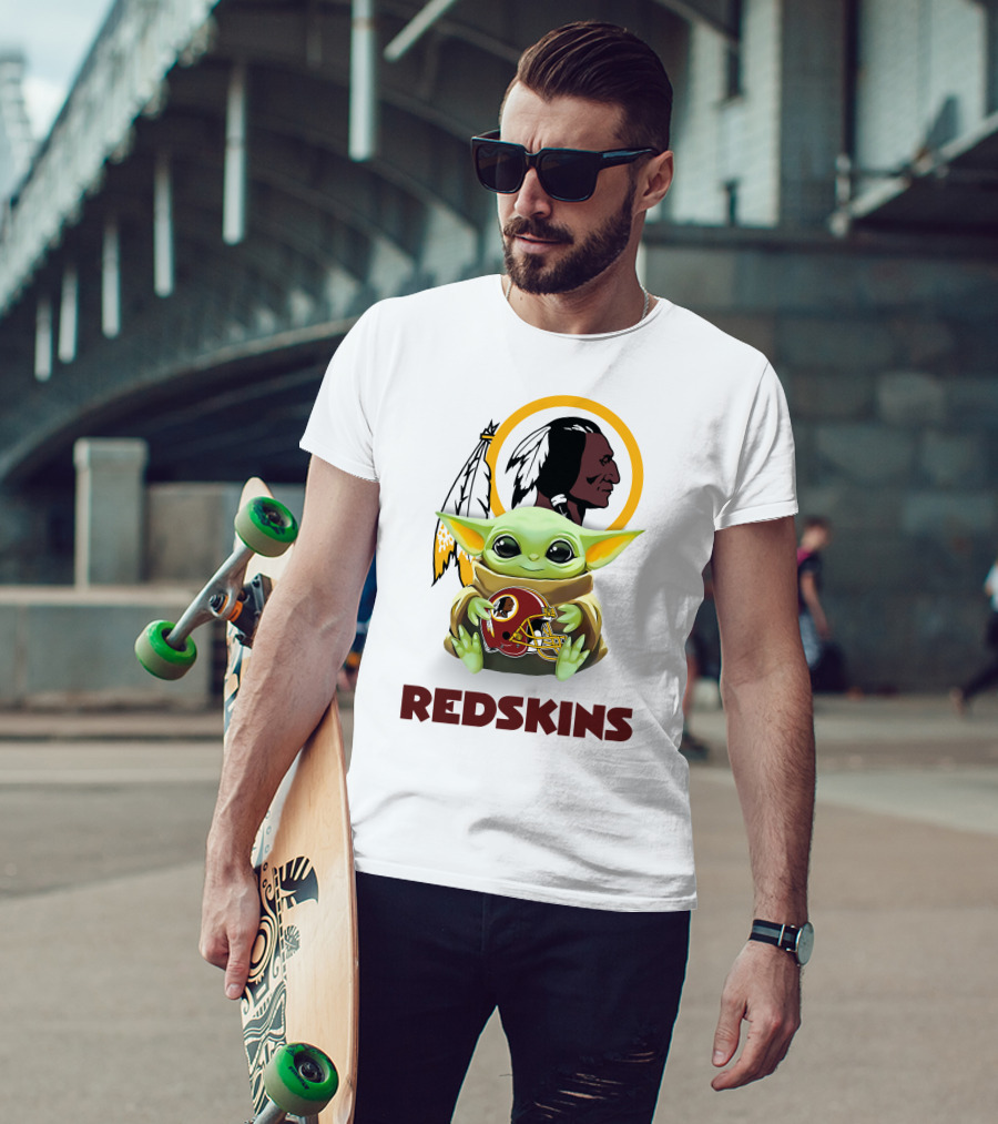 Grogu Hugging Washington Redskins Helmet With Classic Redskins T-Shirt