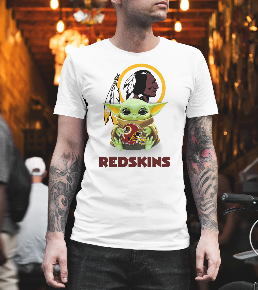 Grogu Hugging Washington Redskins Helmet With Classic Redskins T-Shirt