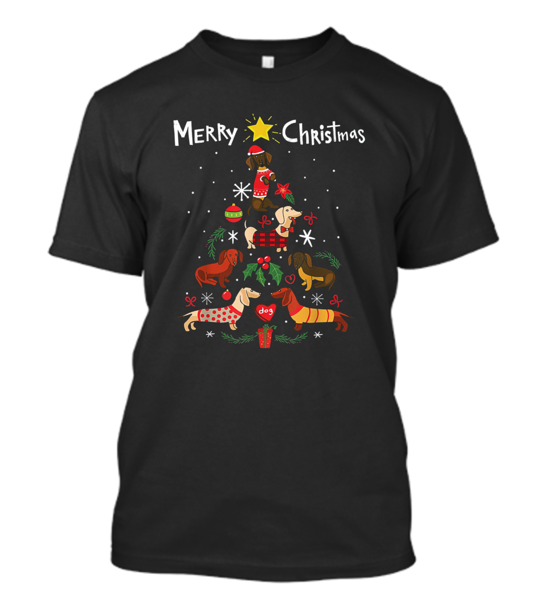 Merry Christmas Funny Dachshund Tree Ornament Decor With Dogs And Presents T-Shirt