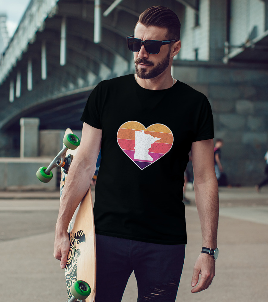 Minnesota Love Heart With State Silhouette On Vintage Stripes T-Shirt