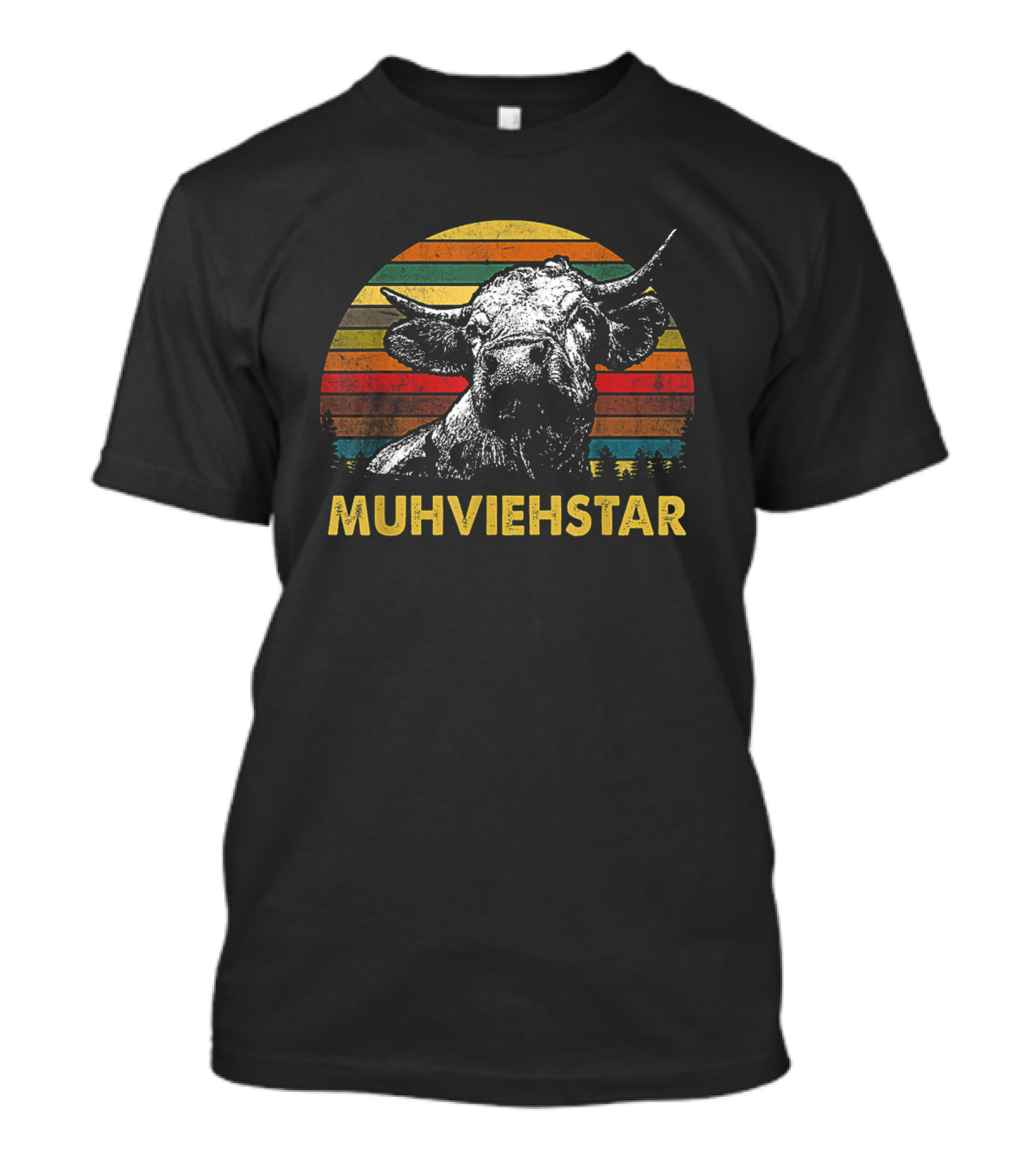 Muhviehstar Retro Vintage Cow Head Graphic With Sunset Stripes And Trees T-Shirt