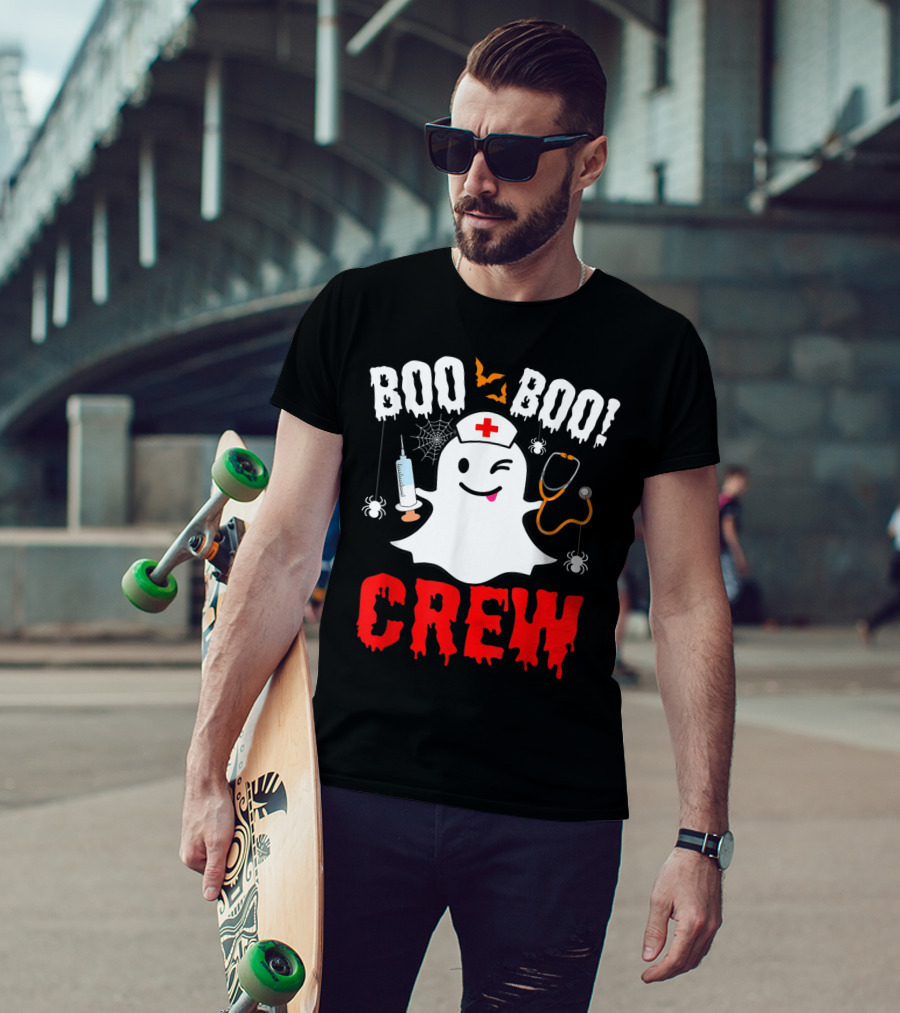 Boo Boo Crew Nurse Ghost Halloween Spiders Bats Stethoscope T-Shirt