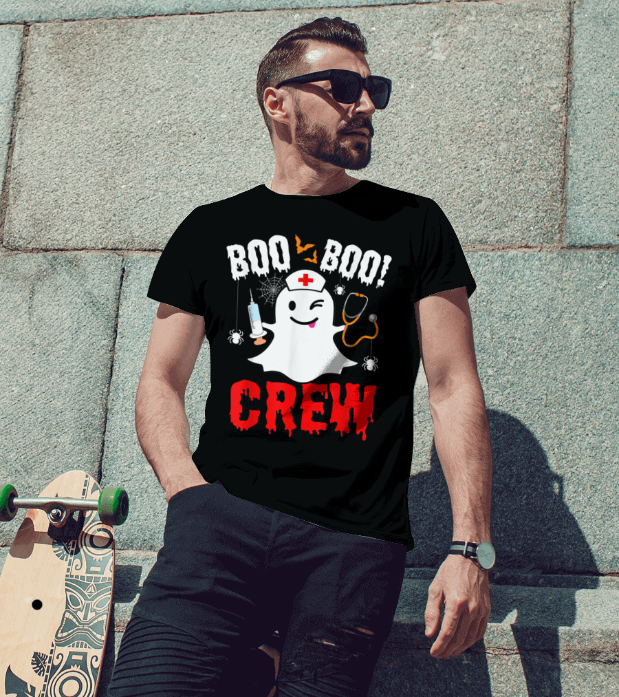 Boo Boo Crew Nurse Ghost Halloween Spiders Bats Stethoscope T-Shirt