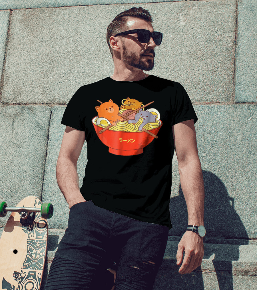 Kawaii Anime Cat Ramen Noodles In Red Bowl With Japanese Text T-Shirt