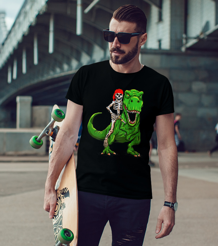 Pirate Skeleton Riding Rex Dinosaur With Red Bandana T-Shirt