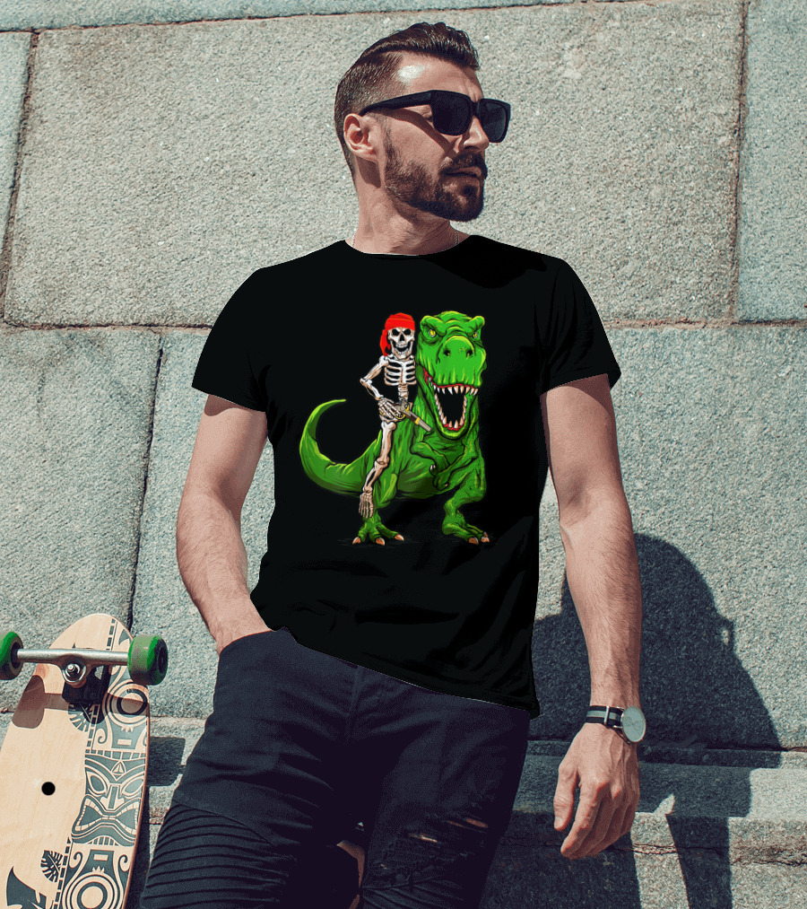 Pirate Skeleton Riding Rex Dinosaur With Red Bandana T-Shirt