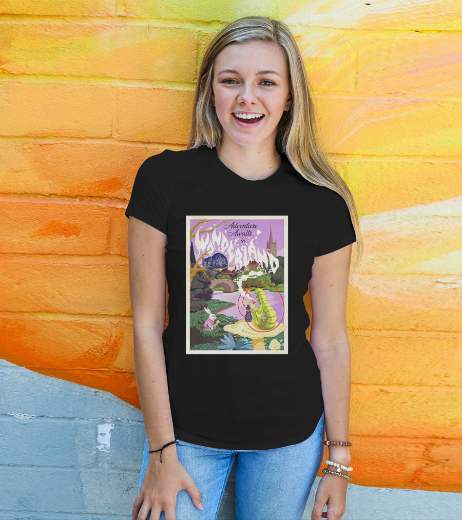Adventure Awaits In Wonderland Cheshire Cat And Caterpillar Scene T-Shirt