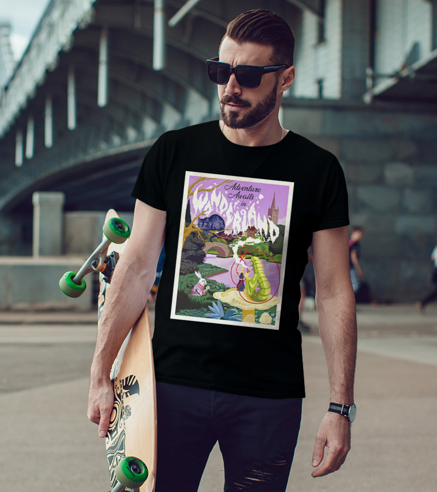 Adventure Awaits In Wonderland Cheshire Cat And Caterpillar Scene T-Shirt