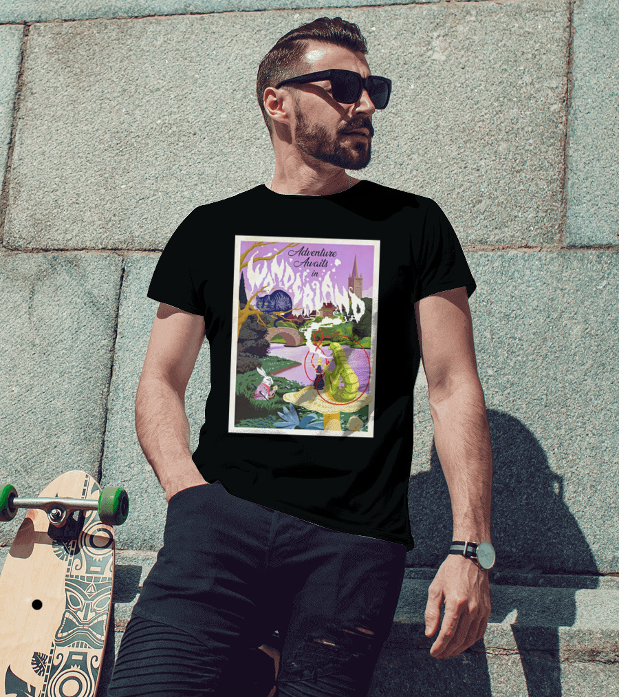Adventure Awaits In Wonderland Cheshire Cat And Caterpillar Scene T-Shirt
